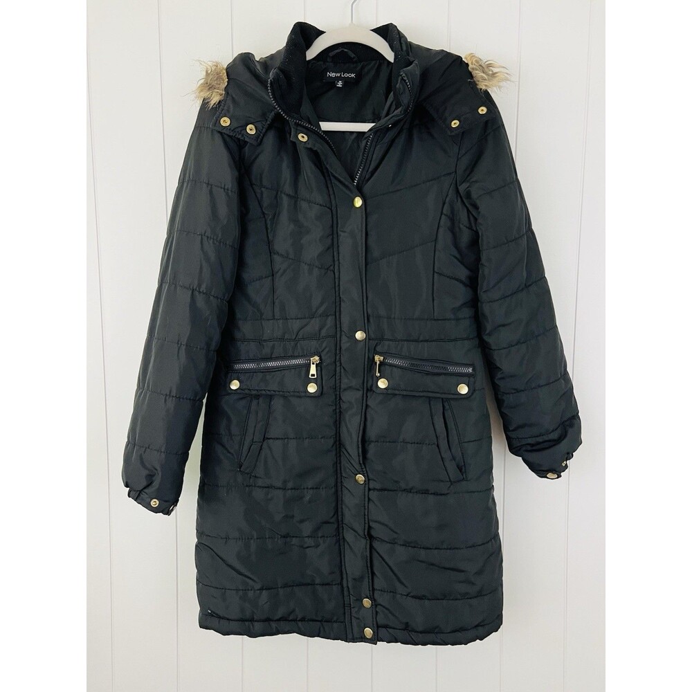 New Look Black Luxe Puffer Parka Coat Faux Fur Hooded Winter Jacket Size Medium